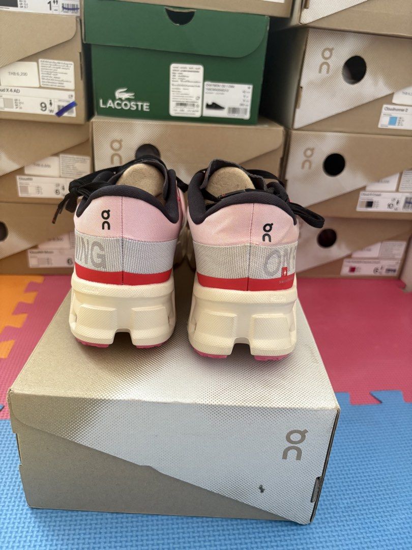 On Running Cloudmonster Hyper Red Cream US 7W (Category: Sneakers & Footwear) located in Manila. Submitted by pikkathchu (Listing ID 1468741660, Image 3). Description: - Brand: On Running - Model: Cloudmonster Hyper - Colorway: Red and Cream - Size: Women's US 7 / EU 38 / UK 5 / JP 24 - Condition: Fresh pair, clean uppers and outsoles - Features: Chunky CloudTec sole, black laces, bold side branding - Inclusions: Original box included.