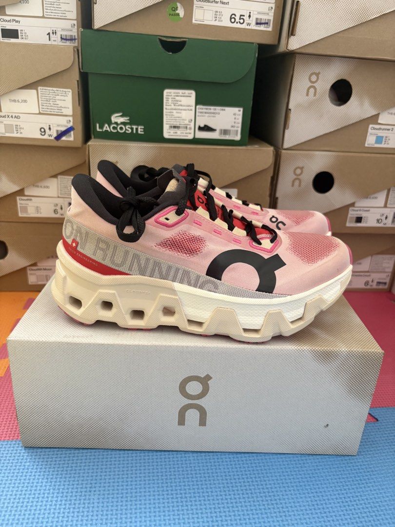 On Running Cloudmonster Hyper Red Cream US 7W (Category: Sneakers & Footwear) located in Manila. Submitted by pikkathchu (Listing ID 1468741660, Image 2). Description: - Brand: On Running - Model: Cloudmonster Hyper - Colorway: Red and Cream - Size: Women's US 7 / EU 38 / UK 5 / JP 24 - Condition: Fresh pair, clean uppers and outsoles - Features: Chunky CloudTec sole, black laces, bold side branding - Inclusions: Original box included.