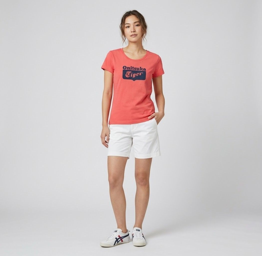 Onitsuka Tiger by ASICS (Category: Shirts) located in Iba. Submitted by selector_items (Listing ID 1468875888, Image 1). Description: *Brand*: Onitsuka Tiger by ASICS *Style*: Women's Short Sleeve Crew Neck Tee *Color*: Coral Red / Bright Red with Navy print *Details*: Big Onitsuka Tiger logo print on front, ribbed neckline, relaxed fit *Material*: 100% Cotton 棉 *Size*: M - Tag size: 160/84A (M) | Bust 80-86cm | Height 157-163cm *Measurements*: -