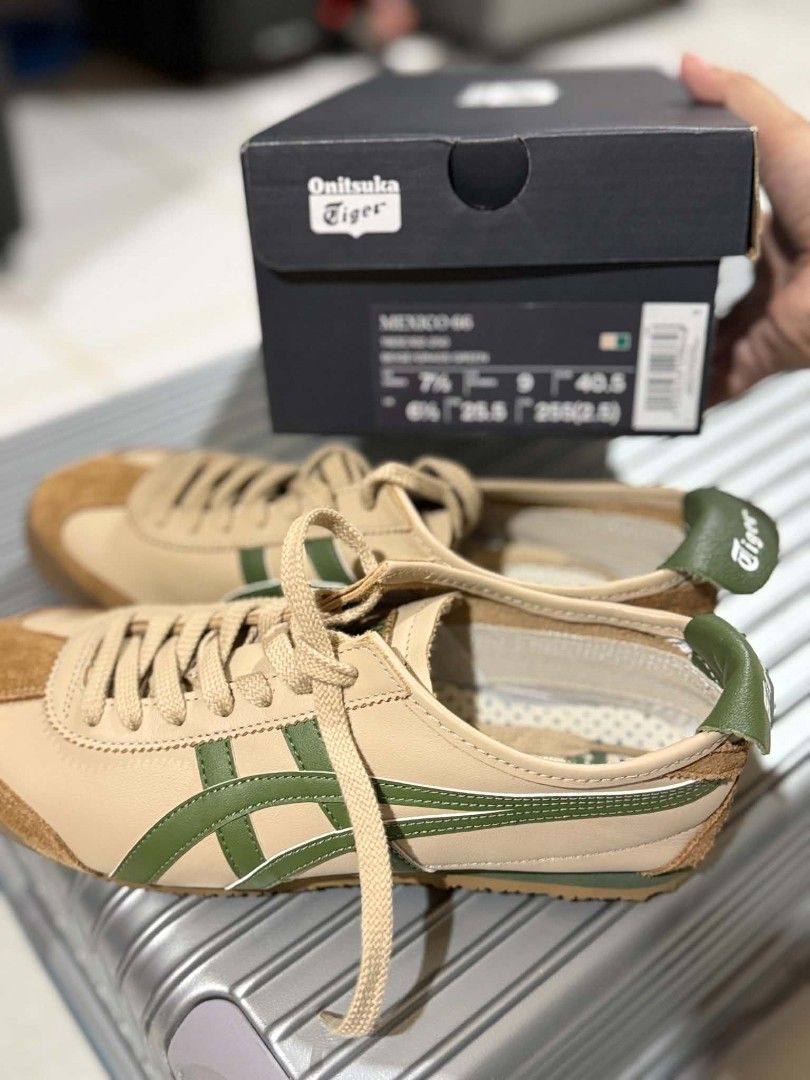 Onitsuka Tiger Mexico 66 Beige Green (Category: Sneakers) located in Santa Rosa. Submitted by mitchy_witchy (Listing ID 1468879566, Image 3). Description: - Brand: Onitsuka Tiger Mexico 66 - Colorway: Classic Beige with Green stripes - Size: 9 women - Condition: Clean inside and out, minimal signs of wear - Inclusions: Original shoelaces and matching branded box - Design: Low-top with suede overlays at the toe and heel.