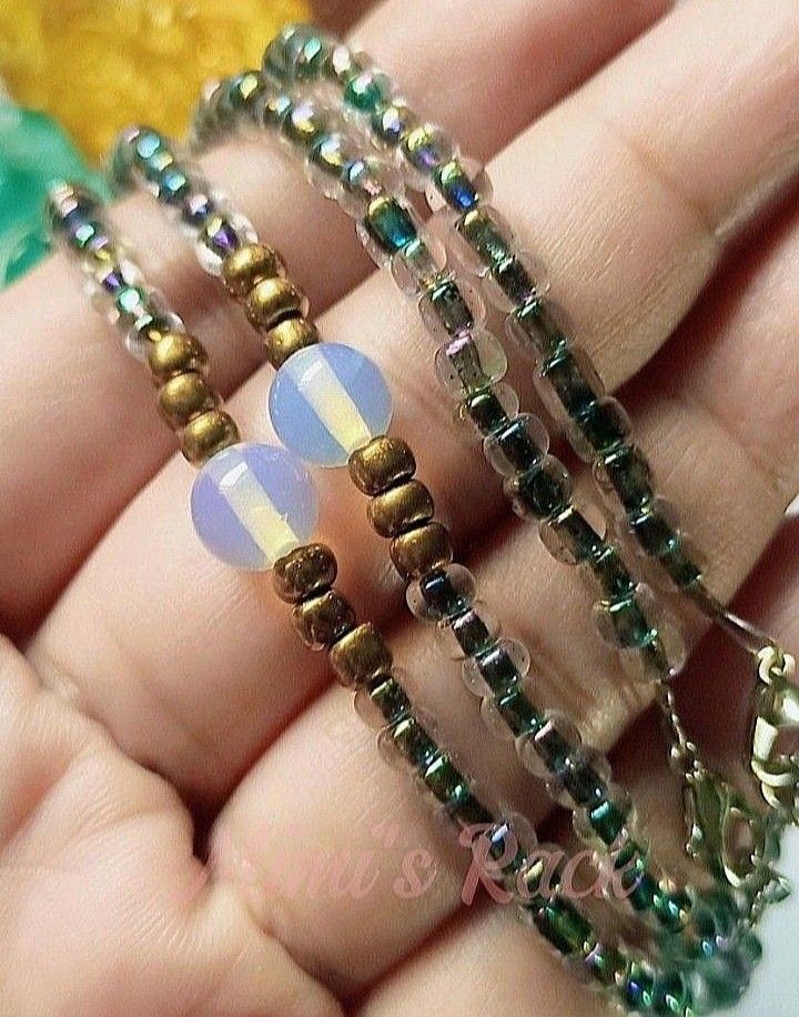 Opalite in Mermaid Seed Beads Necklace (Category: Necklaces) located in Taguig. Submitted by mimisrack (Listing ID 1468911438, Image 3). Description: 🤍Soft glow. Ocean vibes. Feminine magic. -Shimmers beautifully in the light -Calm, dreamy, intuitive energy -Perfect for layering or soft-girl aesthetic -Mermaid energy activated 🧿 only ₱50 each 🙂 🧿 opalite size: 11mm 🧿 seed beads: 4mm 🧿 necklace length: adjustable approx. up to 47.5cm (18.5in
