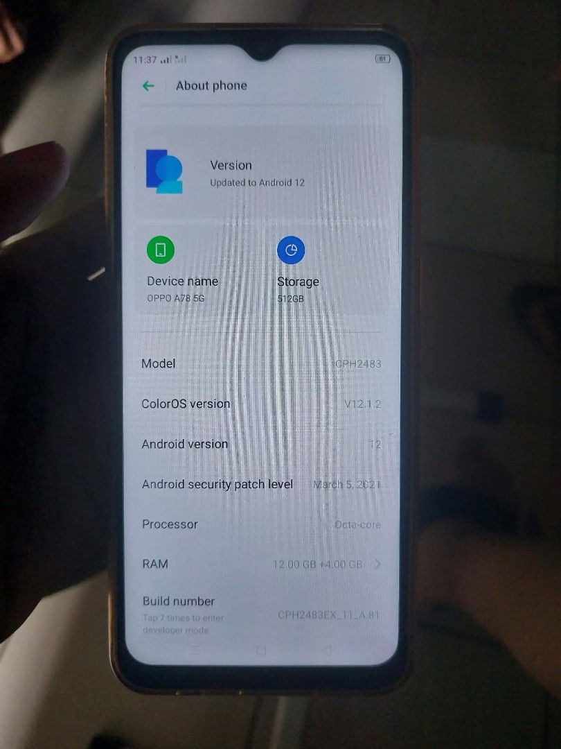 Oppo A78 5G China phone (Category: OPPO) located in Manila. Submitted by daz_z (Listing ID 1468930067, Image 2). Description: 512Gb 12 ram + 4 ram Expandable no issue unit only.