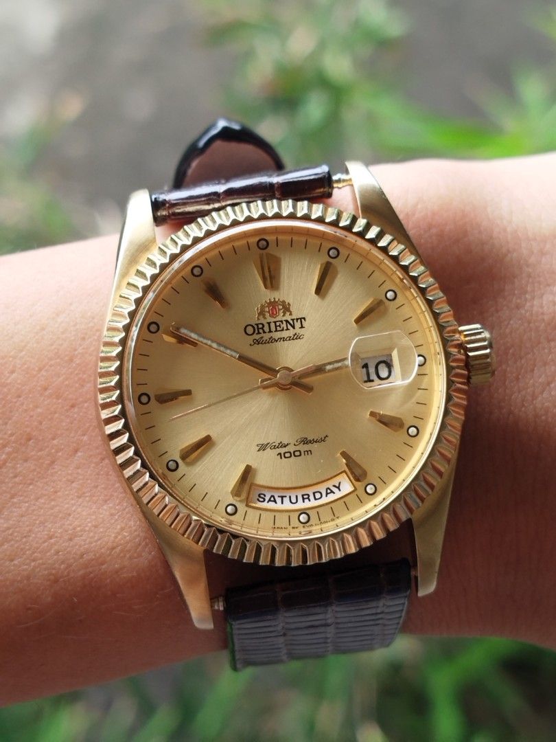 Orient President DayDate (Category: Luxury Watches) located in General Santos City (Dadiangas). Submitted by pureturtle_033 (Listing ID 1468730659, Image 3). Description: Orient President DayDate All Original Rolex Alternative Ev0j-A0-B CS Rare 6 oclock Day Position Variant 2008-2010 Baton Indices Sapphire Crystal ScrewDown Crown Date Magnifier 36mm Case Size w/o Crown All Working and Keeps Accurate Time Very Clean Dial and Movement Lubricated Ga