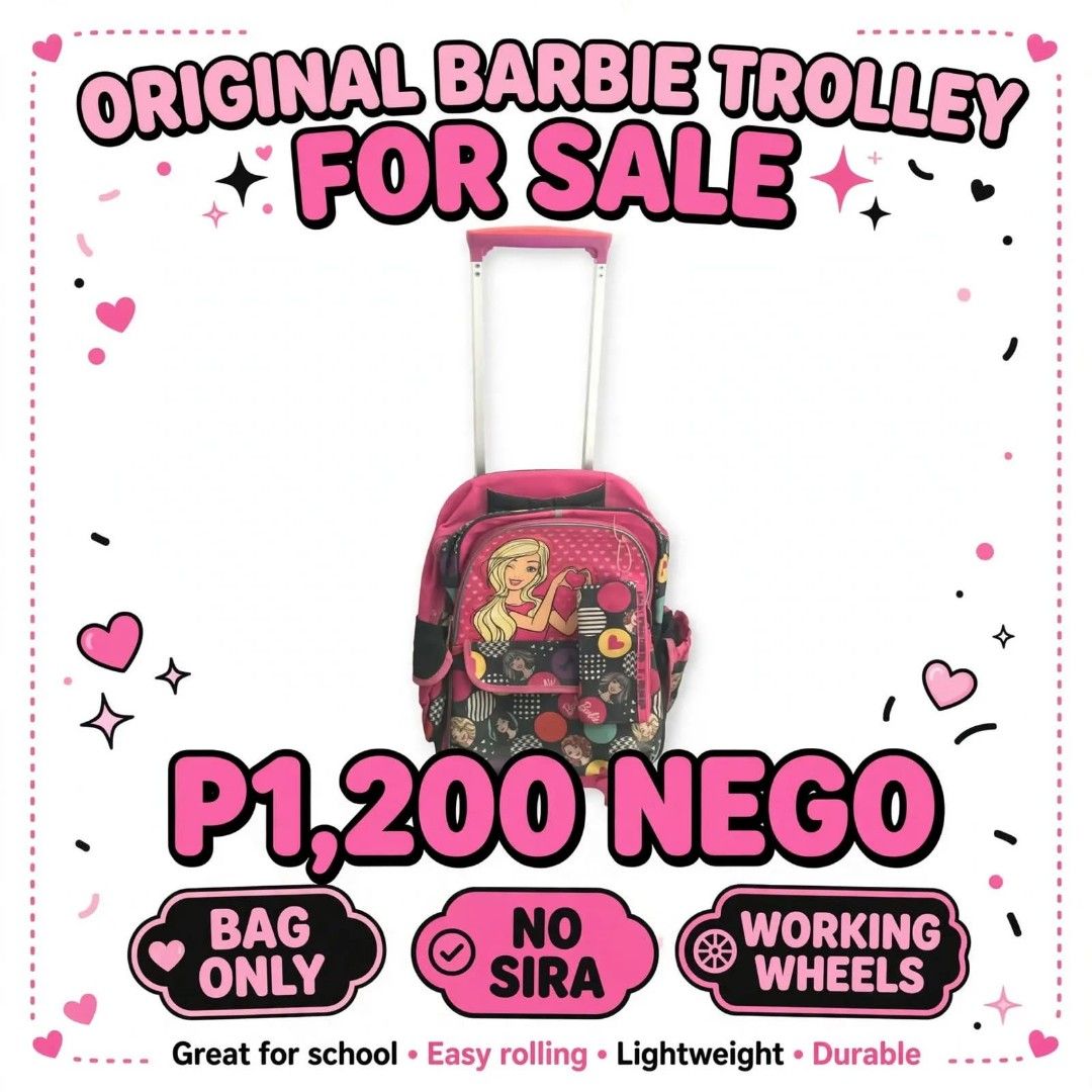 Original Barbie Trolley Bag School Backpack (Category: Backpacks) located in Las Pinas. Submitted by rejanesandro1981 (Listing ID 1468716413, Image 1). Description: - Authentic Barbie trolley bag in pink and black - Can be used as a pull-along trolley or a regular backpack with padded straps - Features a retractable handle and smooth-rolling wheels - All zippers are fully functional and the bag is in clean condition - Ideal size for daily school 