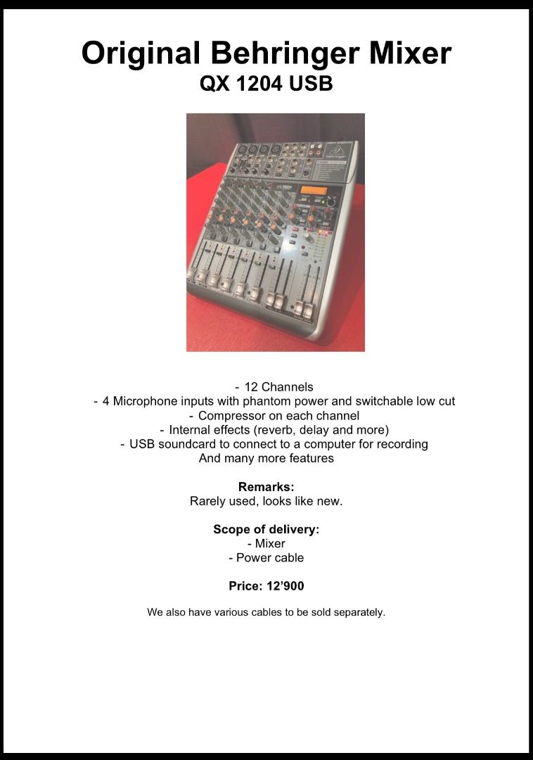 Original Behringer Mixer QX 1204 USB (Category: Musical Instruments) located in Caloocan City. Submitted by transparentseller (Listing ID 1468872597, Image 1). Description: - 100% Original Behringer QX1204USB Mixer - 12 total channels with 4 mic inputs (phantom power & low cut) - Built-in one-knob compressors on mic channels - Studio-grade FX processor (reverb, delay, etc.) - Built-in USB audio interface for direct PC recording - Package includes