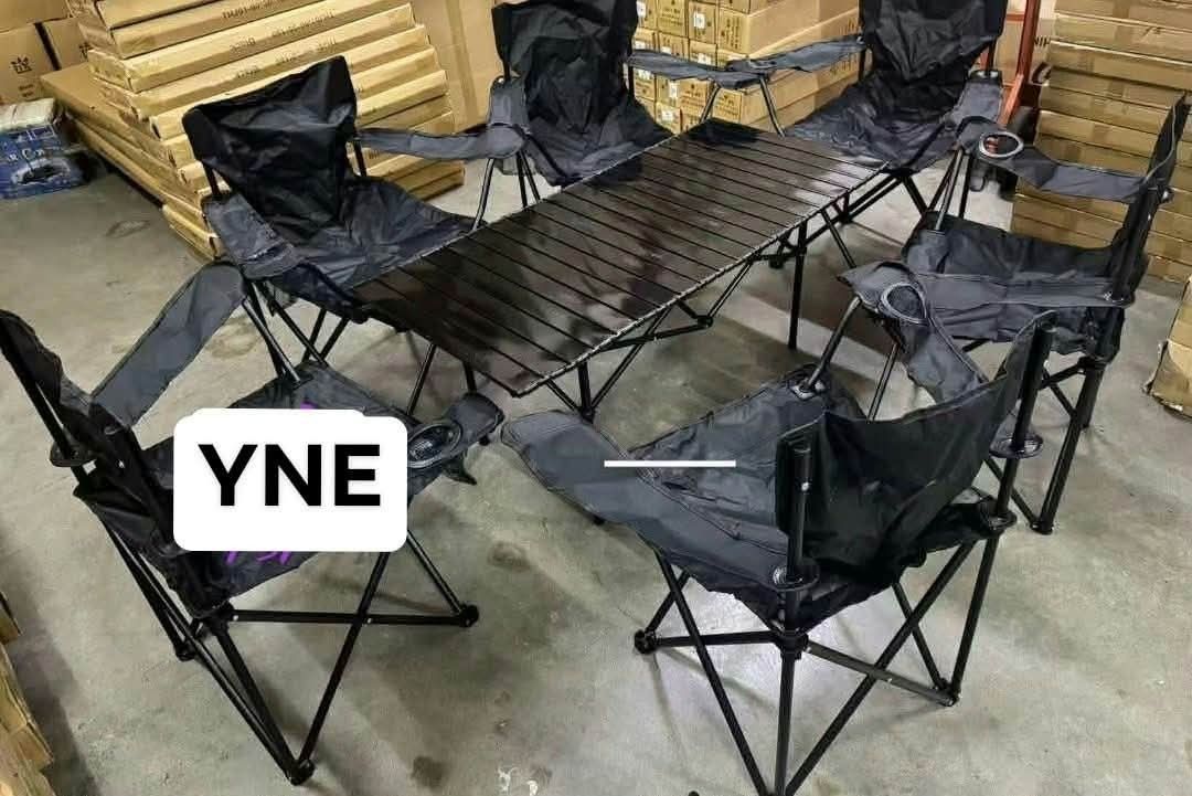 Outdoor Camping Table with Folding Chairs Set Black (Category: Tables & Sets) located in Manila. Submitted by ajimdolor012051 (Listing ID 1468766924, Image 3). Description: - Complete outdoor setup: Roll-up black aluminum table and folding armchairs - Built-in cup holders on chair arms for convenience - Sturdy black metal frames across all pieces for maximum durability - Folds down compactly for hassle-free transport and storage - Perfect bundle 