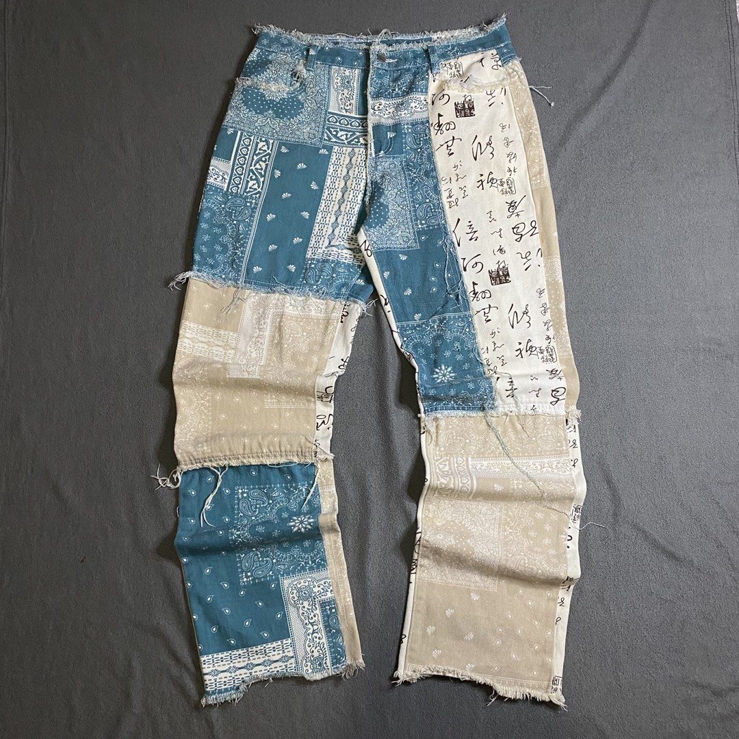 Paisley Bandana Patchwork Pants (Category: Jeans) located in Dasmarinas. Submitted by slime_thrifts (Listing ID 1468846763, Image 1). Description: Paisley Bandana Patchwork Pants 32 waist 43 length 9 hem Excellent No issue Ready to use ₱750 + sf.