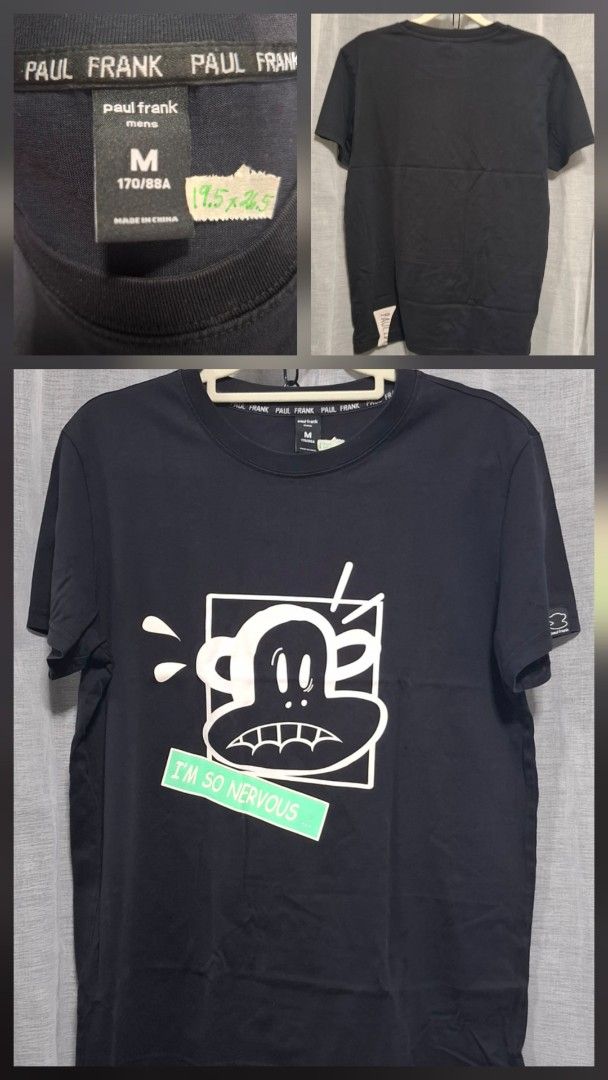 Paul Frank Graphic Tee Black Size M (Category: Tshirts & Polo Shirts ) located in Manila. Submitted by jazil.ladyliz (Listing ID 1468837260, Image 1). Description: - Brand: Paul Frank - Color: Black - Material: 100% cotton - Size: M (170/88A) - Design: Graphic print with worried monkey face and 'I'M SO NERVOUS' text - Details: Small tag label near the bottom hem on the back - Condition: Pristine, brand new with original sizing sticker still attac