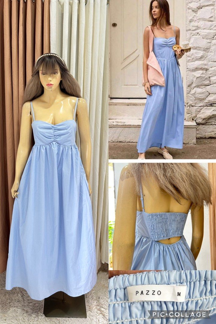 Pazzo Blue Midi Dress Size M (Category: Dresses) located in Cebu City. Submitted by ontrendclxncebu (Listing ID 1468855052, Image 1). Description: - Brand: Pazzo - Size: Medium (tag attached) - Color: Light blue - Material: Lightweight cotton blend - Straps: Thin and adjustable - Details: Gathered bust with small center tie - Back: Smocked elastic panel for a stretchy, comfortable fit - Skirt: Flowy, pleated, ankle-length.