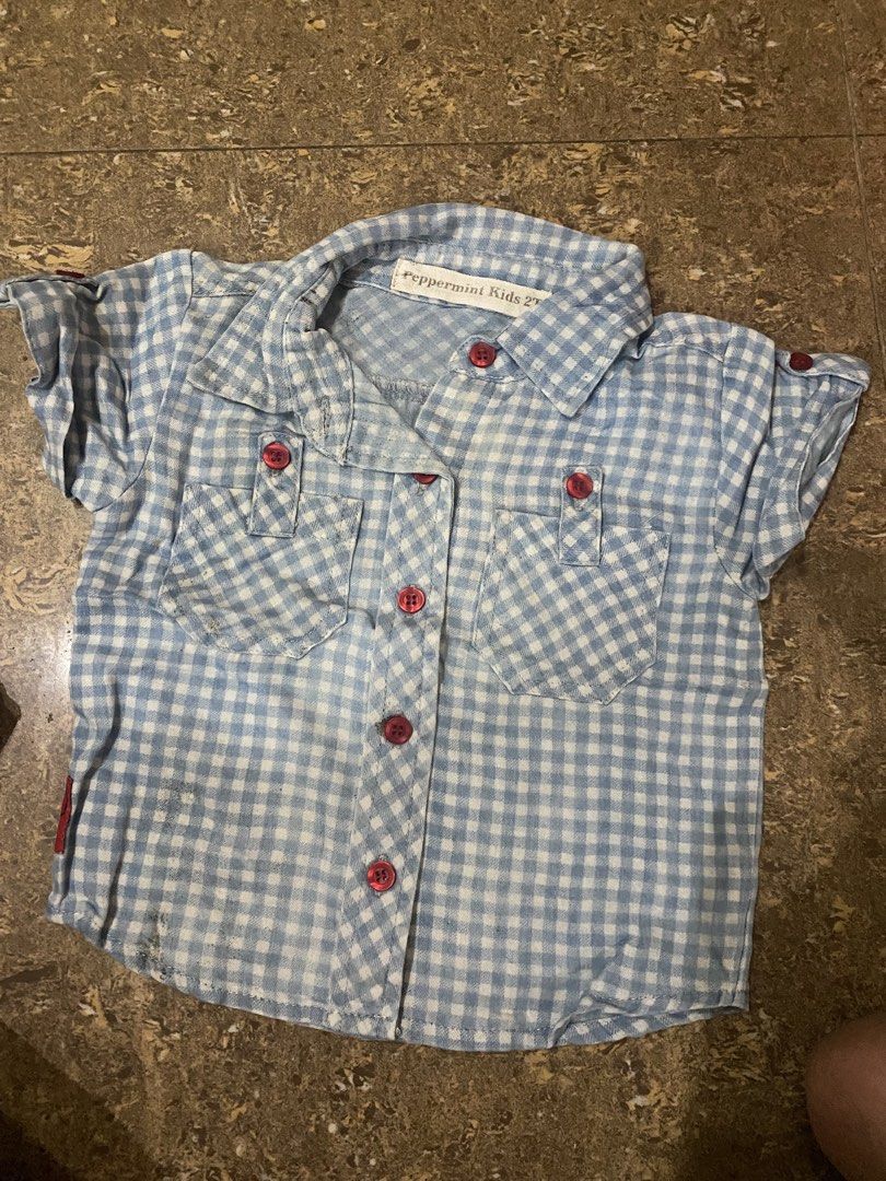 Peppermint Kids Blue Gingham Button-Down Shirt Size 2T (Category: Babies & Kids Fashion) located in Binan City. Submitted by maggierabi01434 (Listing ID 1468752143, Image 3). Description: - Brand: Peppermint Kids - Size: 2T - Design: Light blue and white gingham check - Details: Short sleeves, classic collar, and contrasting red buttons on the front and chest pockets - Material: Soft, breathable cotton - Condition: Great for everyday toddler wear