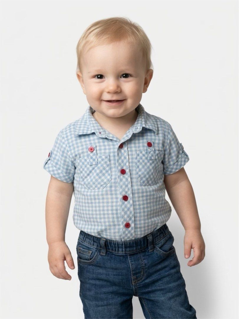 Peppermint Kids Blue Gingham Button-Down Shirt Size 2T (Category: Babies & Kids Fashion) located in Binan City. Submitted by maggierabi01434 (Listing ID 1468752143, Image 1). Description: - Brand: Peppermint Kids - Size: 2T - Design: Light blue and white gingham check - Details: Short sleeves, classic collar, and contrasting red buttons on the front and chest pockets - Material: Soft, breathable cotton - Condition: Great for everyday toddler wear