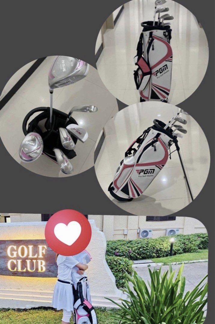 PGM JunGolf Set (Category: Golf) located in Baguio. Submitted by pallas12 (Listing ID 1468788558, Image 1). Description: - Brand: PGM - Condition: Used once or twice, practically untouched - Includes: Driver, irons, wedge, and a stylish white & pink stand bag - Reason for selling: wrong size.