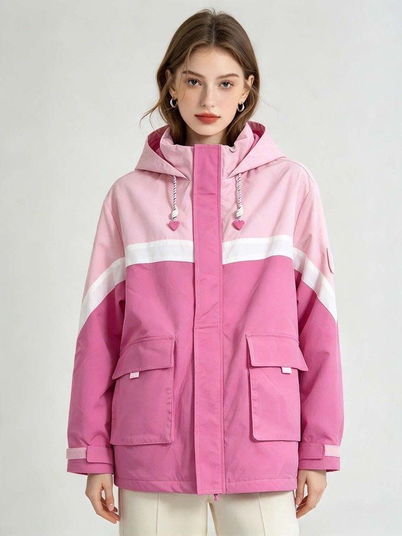Pink colorblock hooded jacket with front pockets (Category: Coats, Jackets and Outerwear) located in Caloocan City. Submitted by mylove326 (Listing ID 1468795608, Image 1). Description: - Style: Cute pink and white colorblock jacket - Hood: Oversized hood with adorable heart pull strings - Pockets: Two functional front flap pockets - Closure: Front button-up with a hidden zipper under the placket.