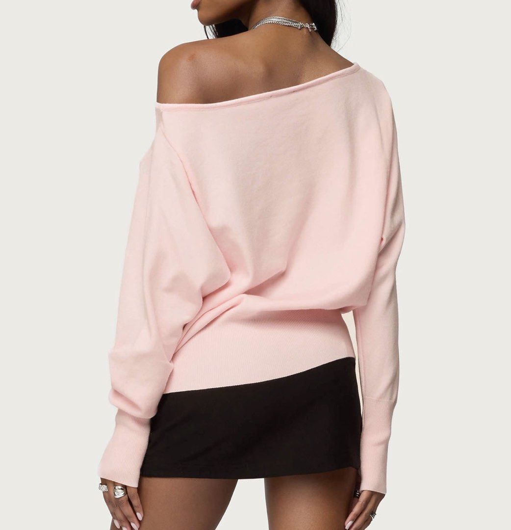 Pink Off-Shoulder Knit Sweater (Category: Longsleeves) located in Taguig. Submitted by lrichdeclutters.mnl (Listing ID 1468927163, Image 3). Description: - Color: Soft pink - Style: Asymmetrical off-the-shoulder neckline - Details: Long sleeves with convenient thumbholes - Fit: Relaxed body with a ribbed waist hem (oversized fit) - Material: Lightweight knit.