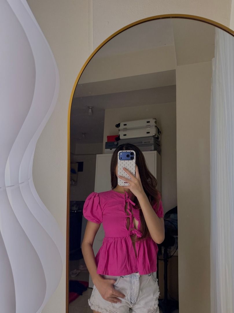 Pink Top Tie Ribbon (Category: Others Tops) located in Mandaluyong City. Submitted by prelovedbyrinoa_ (Listing ID 1468857176, Image 2). Description: Preloved — wear once ♡ Size: XS ♡ Location: Mandaluyong City ♡ Lalamove / Grab Express available.