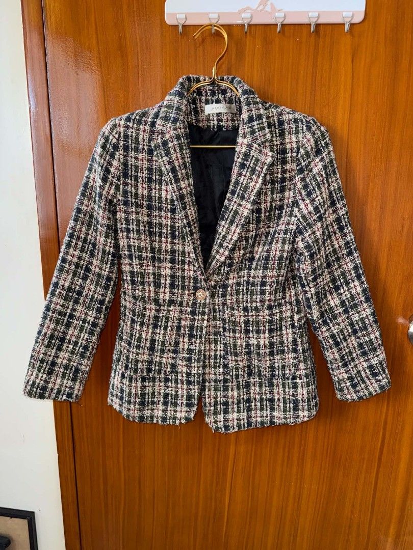 Plaid Tweed Blazer Jacket (Category: Coats, Jackets and Outerwear) located in Caloocan City. Submitted by mylove326 (Listing ID 1468798019, Image 3). Description: - Color/Pattern: Black, white, and red plaid tweed - Closure: Single-button front with a decorative gold-toned button - Features: Notch lapel collar, two front patch pockets, structured shoulders, and mid-length sleeves - Lining: Fully lined with black fabric - Versatility: Ideal for of