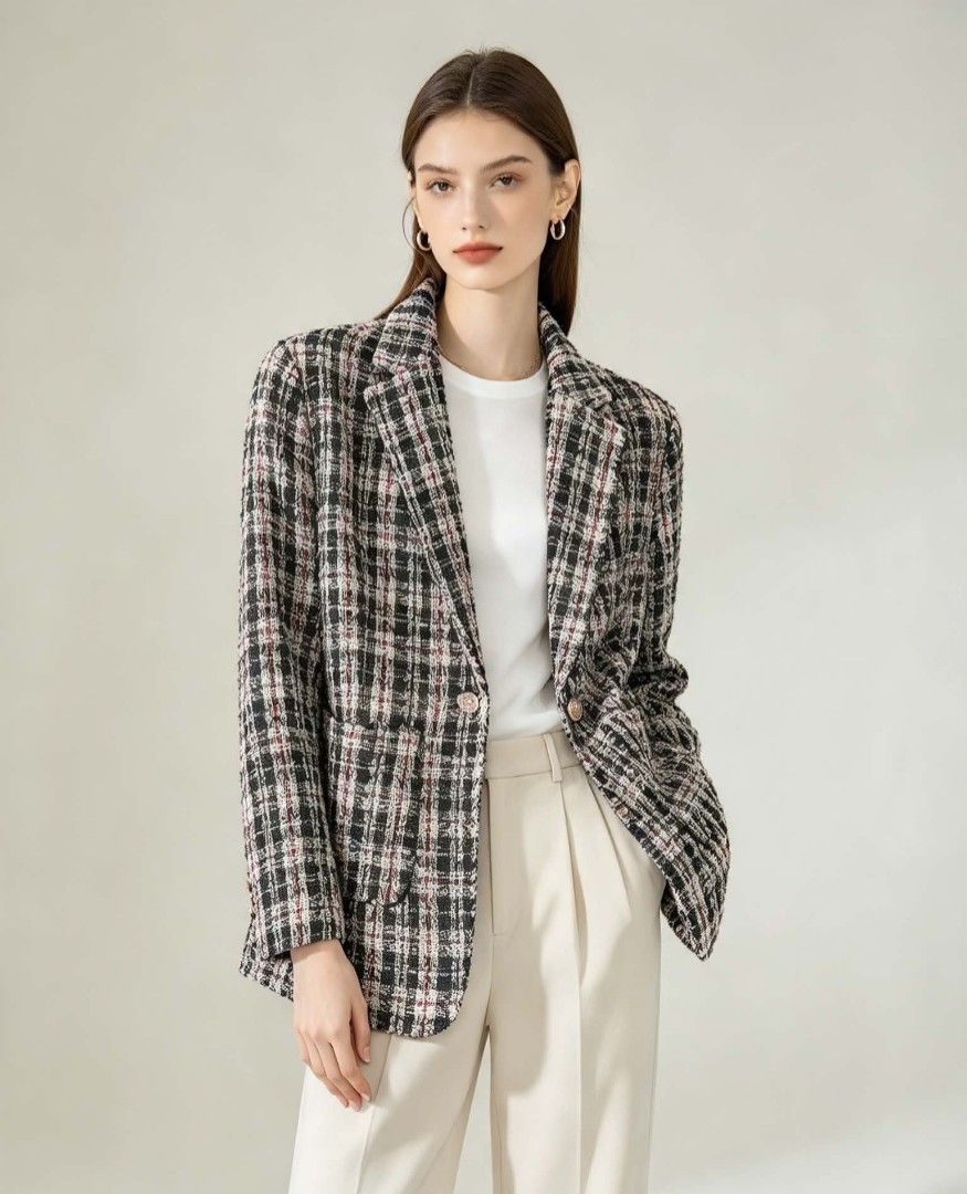 Plaid Tweed Blazer Jacket (Category: Coats, Jackets and Outerwear) located in Caloocan City. Submitted by mylove326 (Listing ID 1468798019, Image 2). Description: - Color/Pattern: Black, white, and red plaid tweed - Closure: Single-button front with a decorative gold-toned button - Features: Notch lapel collar, two front patch pockets, structured shoulders, and mid-length sleeves - Lining: Fully lined with black fabric - Versatility: Ideal for of