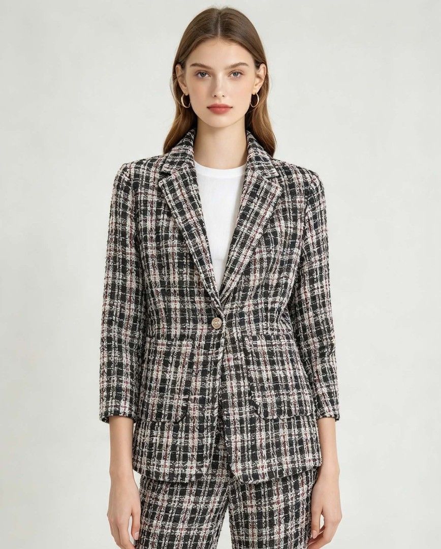 Plaid Tweed Blazer Jacket (Category: Coats, Jackets and Outerwear) located in Caloocan City. Submitted by mylove326 (Listing ID 1468798019, Image 1). Description: - Color/Pattern: Black, white, and red plaid tweed - Closure: Single-button front with a decorative gold-toned button - Features: Notch lapel collar, two front patch pockets, structured shoulders, and mid-length sleeves - Lining: Fully lined with black fabric - Versatility: Ideal for of
