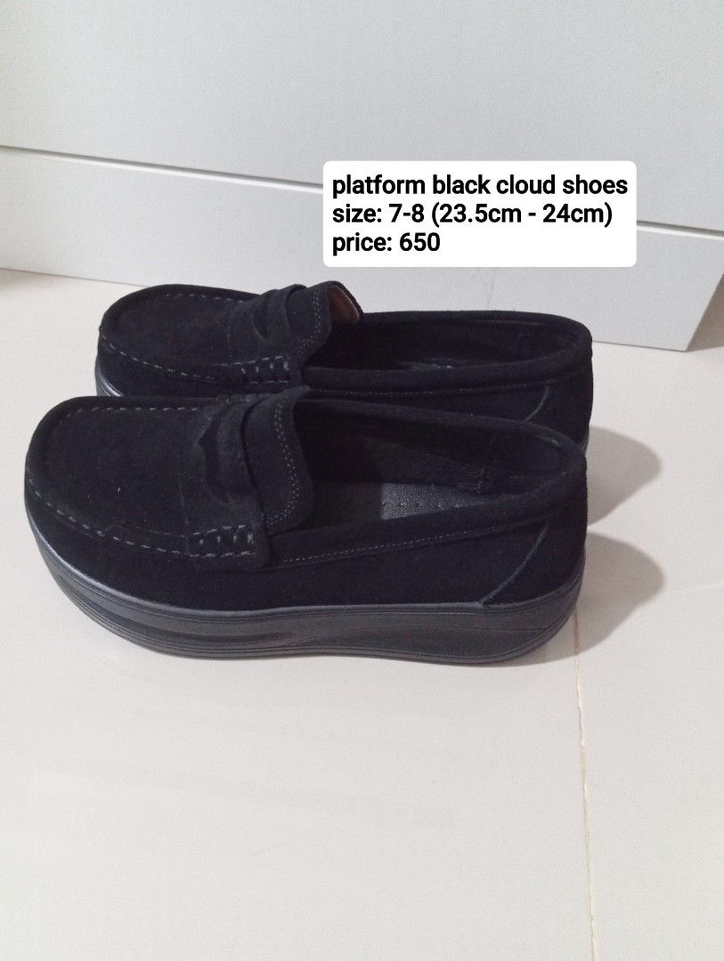 Platform Black Cloud Shoes Loafers Size 7-8 (Category: Loafers) located in Manila. Submitted by cococlo_ (Listing ID 1468733213, Image 1). Description: - Size: 7 to 8 (Best for 23.5cm to 24cm foot length) - Style: Classic loafer design with convenient slip-on wear - Material: Soft suede-like texture - Soles: Thick platform for a comfortable height boost - Versatile: Easy to match with casual everyday outfits or school uniforms.