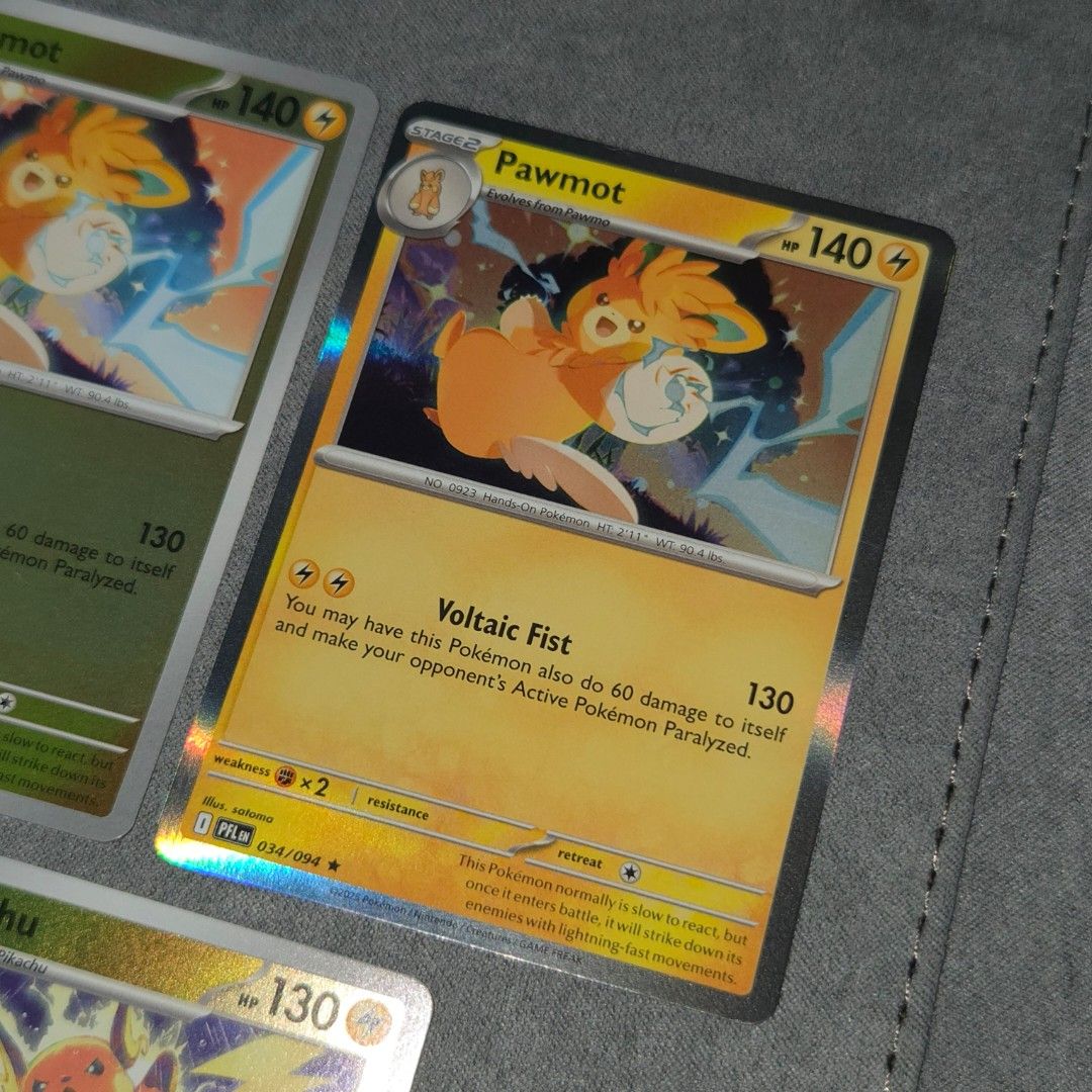 Pokemon Cutemon Electric (Category: Raw Singles) located in Taguig. Submitted by aeri______99 (Listing ID 1468887466, Image 3). Description: ⋆ 20 php each ⋆ These are well taken care of 🩷 bulk from my personal rips ⋆ No packaging fee. I'll ship with reused sleeves, toploaders, and box. ⋆ 1 Pawmo (rightmost) is holo and has slight damage(see last pic) ⋆ The rest are reverse holo ♡ tags ♡ electric type cute pokemon collectibles tcg Pawmot Pawmo Ra