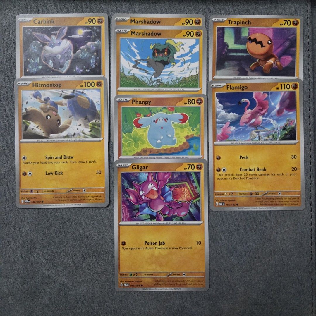 Pokemon Cutemon Fighting Common/Uncommon (Category: Raw Singles) located in Taguig. Submitted by aeri______99 (Listing ID 1468868710, Image 1). Description: ⋆ 10 php each ⋆ 100php for 11pcs (you may check other C/UC listings) ⋆ These are well taken care of 🩷 bulk from my personal rips ⋆ No packaging fee. I'll ship with reused sleeves, toploaders, and box. ♡ tags ♡ fighting type cute pokemon collectibles tcg carbine marshadow hitmontop trapinch f