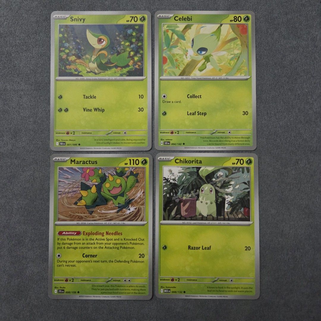 Pokemon Cutemon Grass Common/Uncommon (Category: Raw Singles) located in Taguig. Submitted by aeri______99 (Listing ID 1468870689, Image 3). Description: ⋆ 10 php each ⋆ 100php for 11pcs (you may check other C/UC listings) ⋆ These are well taken care of 🩷 bulk from my personal rips ⋆ No packaging fee. I'll ship with reused sleeves, toploaders, and box. ⋆ Snivy is slightly damaged at the bottom (see last pic) ♡ tags ♡ grass type cute pokemon coll