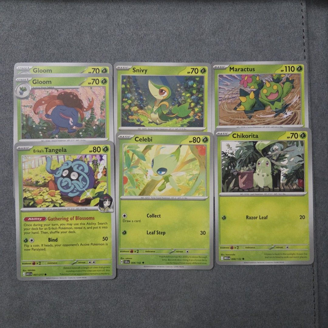 Pokemon Cutemon Grass Common/Uncommon (Category: Raw Singles) located in Taguig. Submitted by aeri______99 (Listing ID 1468870689, Image 1). Description: ⋆ 10 php each ⋆ 100php for 11pcs (you may check other C/UC listings) ⋆ These are well taken care of 🩷 bulk from my personal rips ⋆ No packaging fee. I'll ship with reused sleeves, toploaders, and box. ⋆ Snivy is slightly damaged at the bottom (see last pic) ♡ tags ♡ grass type cute pokemon coll