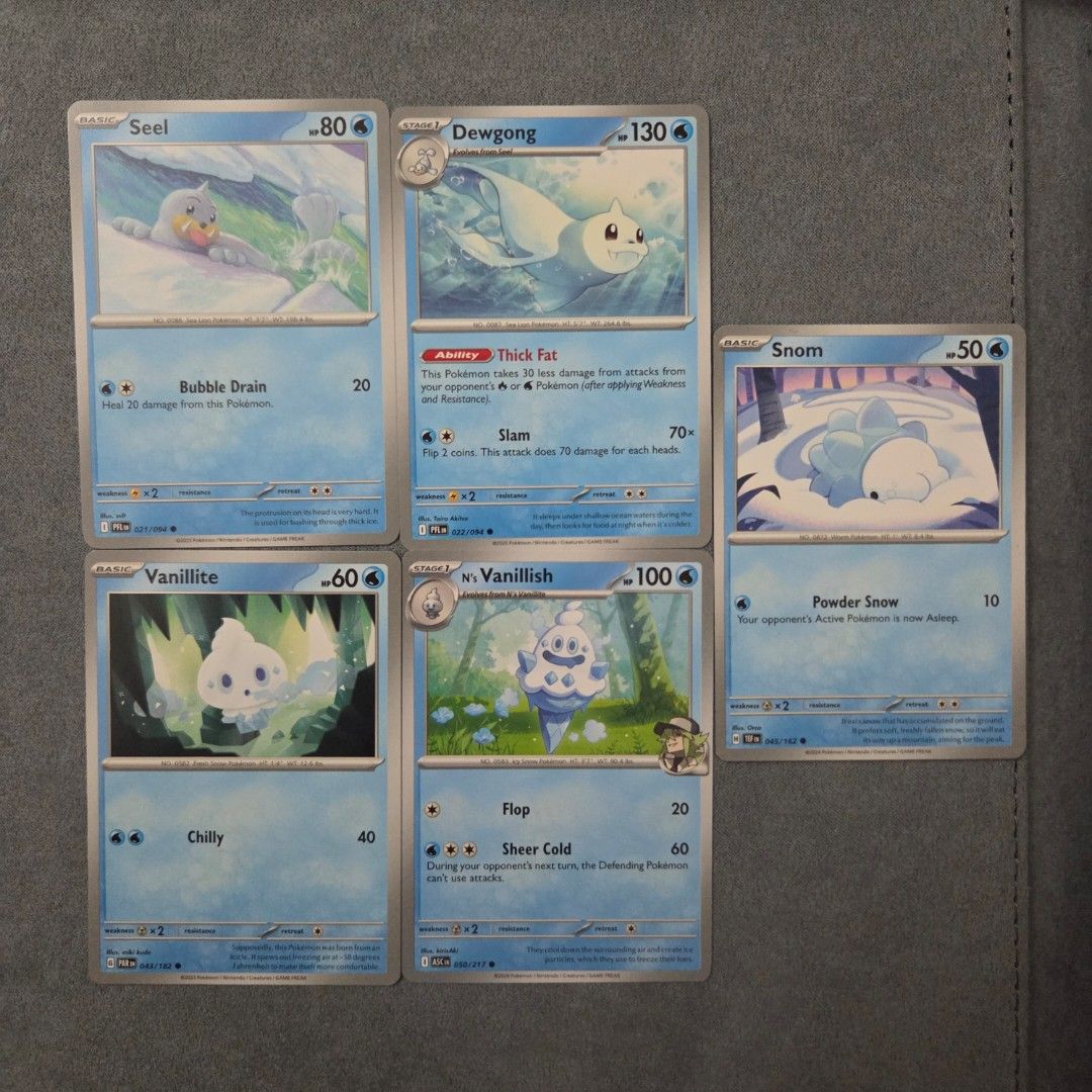 Pokemon Cutemon Water (Category: Raw Singles) located in Taguig. Submitted by aeri______99 (Listing ID 1468833676, Image 2). Description: ⋆ 15 php each ⋆ 100php for 8pcs (you may check other C/UC listings) ⋆ These are well taken care of 🩷 bulk from my personal rips ⋆ No packaging fee. I'll ship with reused sleeves, toploaders, and box. ♡ tags ♡ water type cute pokemon collectibles tcg snom seel dewgong vanillite N's vanillish piplup eiscue.