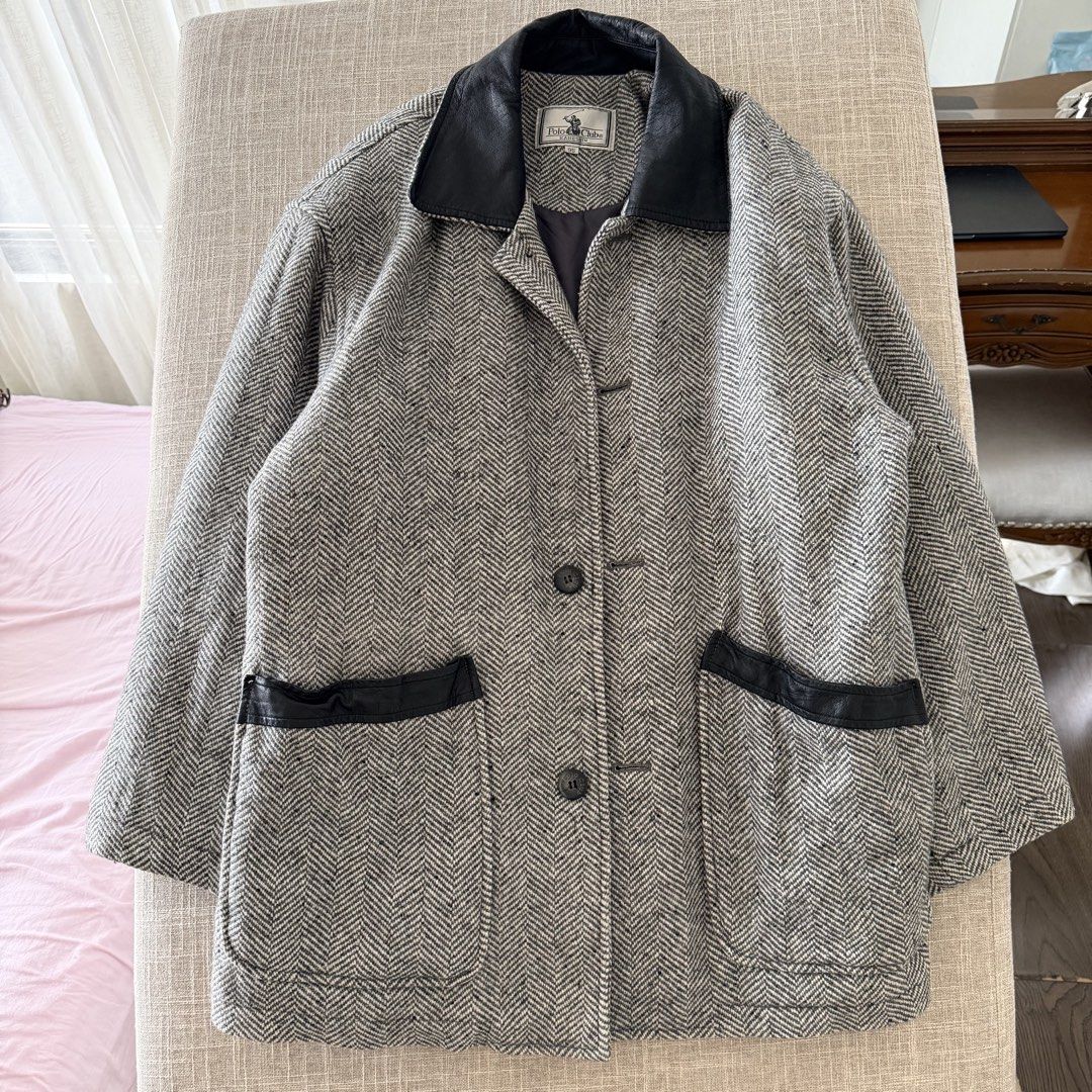 Polo Club Wool Gray Coat (Category: Coats, Jackets and Outerwear) located in Makati City. Submitted by user85985149710 (Listing ID 1468725593, Image 1). Description: Polo Club Wool Coat Intact leather 1 missing button Fits M-L Bust: 42” Length: 30”.