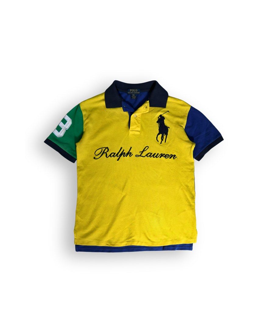 POLO RALPH LAUREN (Category: Tshirts & Polo Shirts ) located in Davao. Submitted by kelsocool (Listing ID 1468800300, Image 1). Description: Polo Ralph Lauren Colorblock Script Polo Shirt Size: S Dimes (inch): 21 (F) / 22.5 (B) - length 17.5 - width 8 - sleeve color rate: 9/10 good condition issue - none Description: Eye-catching Polo Ralph Lauren colorblock polo in yellow, navy, and green, featuring embroidered Big Pony and vintage script front 