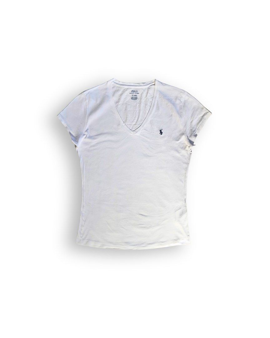 POLO RALPH LAUREN (Category: Shirts) located in Davao. Submitted by kelsocool (Listing ID 1468801157, Image 1). Description: Polo Ralph Lauren White V-Neck Tee Size: M Dimes (inch): 24 - length 18 - width 5.5 - sleeve color rate: 8.5/10 good condition issue - minor collar wear / light wash Description: Clean white Polo Ralph Lauren V-neck cotton tee with dark blue signature embroidered pony hit..