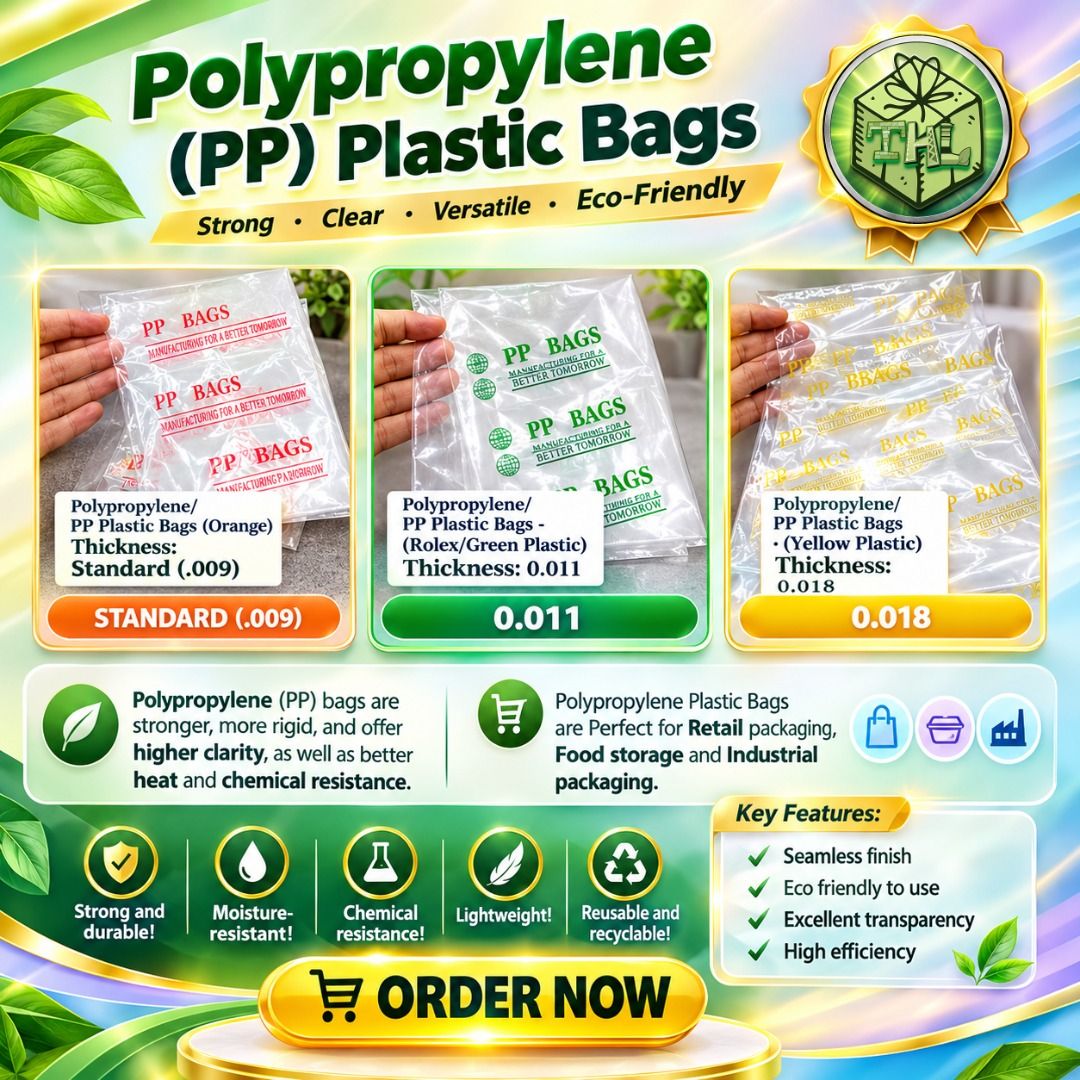 POLYPROPYLENE (PP) PLASTIC BAGS (Category: Stationery & School Supplies) located in Manila. Submitted by golden888onlineshop (Listing ID 1468927247, Image 1). Description: 📦 **FELLOW ONLINE SELLERS, WE KNOW THE STRUGGLE!** 😍 Orders are coming in, customers are waiting, and you need packaging that's reliable, presentable, and practical! Make packing easier with **POLYPROPYLENE (PP) PLASTIC BAGS!** 💚✨ Why sellers love having the right packaging 