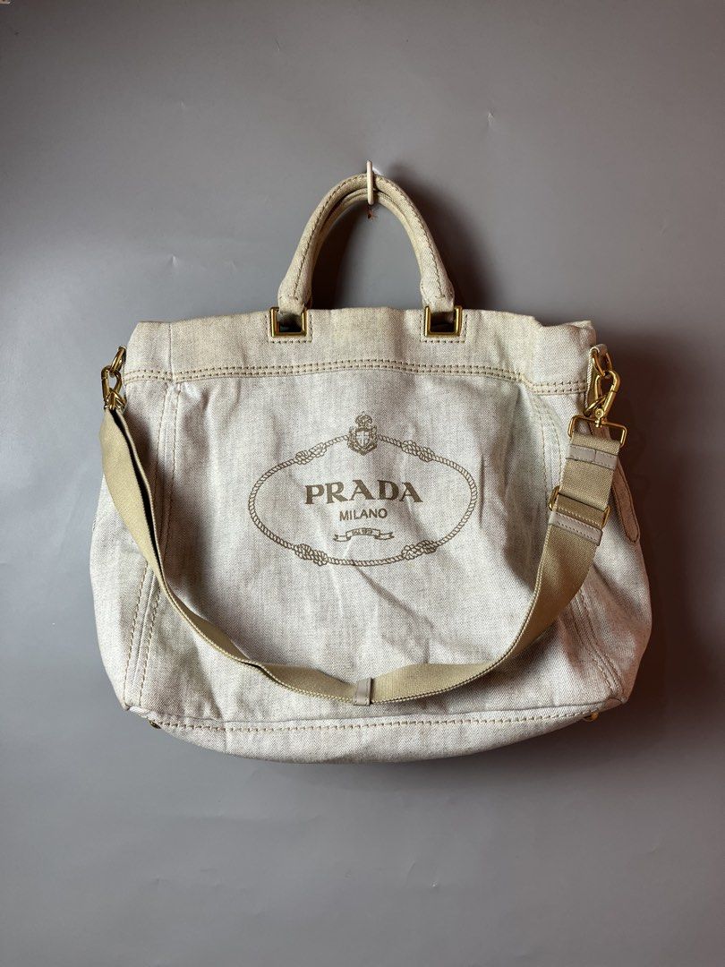 Prada Canapa 2 way bag (Category: Tote Bags) located in Quezon City. Submitted by theideal (Listing ID 1468888968, Image 1). Description: Read first before buy Legit/Authentic Prada canapa 2 way bag No box Still in good and presentable condition No major flaws Minor sign of use only See picture details posted.