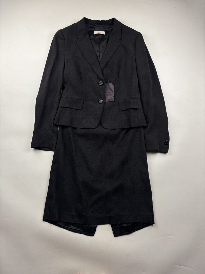 Prada Silk Blend Two Piece Skirt Set (Category: Coats, Jackets and Outerwear) located in Makati City. Submitted by ragrepository (Listing ID 1468727856, Image 1). Description: Prada Two Piece Skirt Set Tagged as 44 Suit Length- 21.5” Pit to pit- 18.5” Sleeves- 23.5” Shoulder-15.5” Condition-NWT Flaw- None —— Skirt Waist- 15” Length- 22” Leg opening- 20.5” Condition- new Flaw- None .