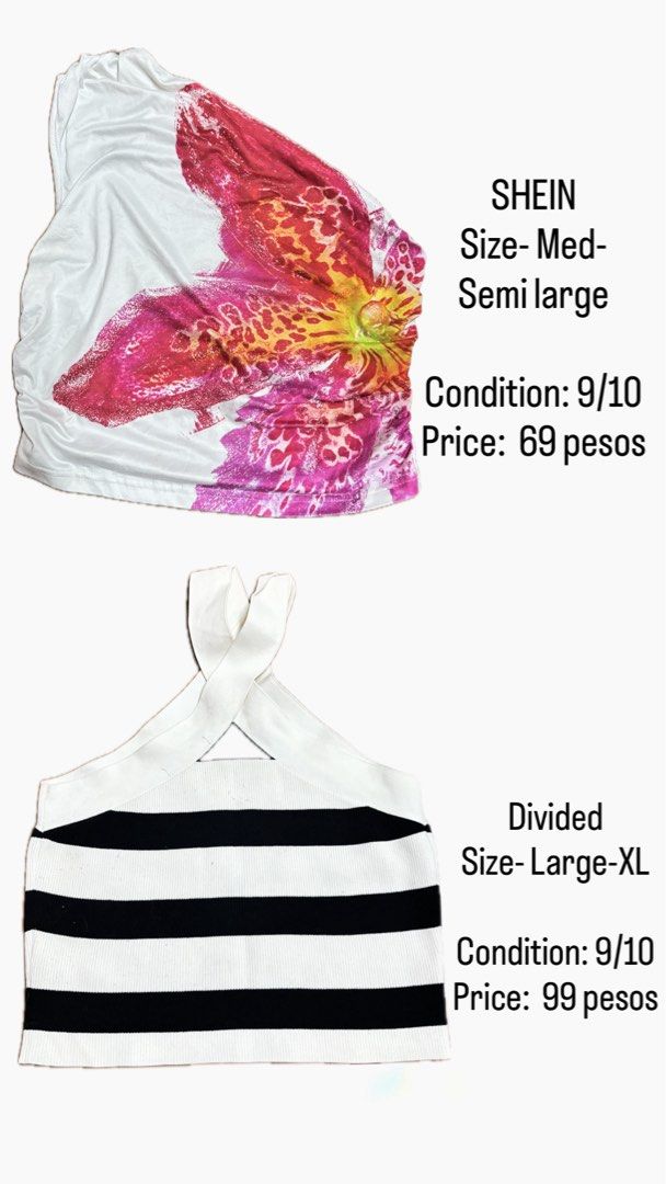 Pre loved (Category: Others Tops) located in Quezon City. Submitted by tertelail21276 (Listing ID 1468783440, Image 1). Description: Hello, Ladies❗️❗️ Selling my preloved clothes🥰 Everything is under 149 pesos only. PLEASE See pictures, all details are stated. - PAYMENT FIRST POLICY - NO return/ NO exchange / NO Refund - Courier: lalamove/J&T (Shipping fee will be shouldered by buyer and strictly no meet up) - 📍Location: Dahlia, Fairview Remind