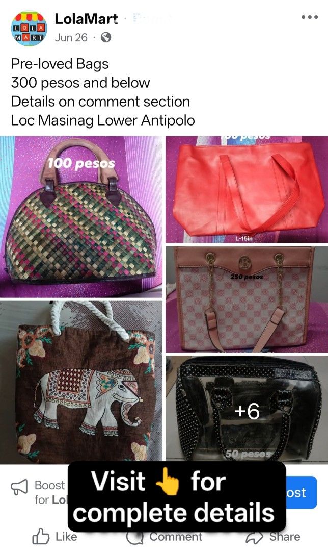Pre-loved Bags Assorted (Category: Shoulder Bags) located in Antipolo. Submitted by jocyong22 (Listing ID 1468770301, Image 1). Description: - Pre-loved bags available (totes, handbags, clear polka dot bag, turquoise backpack) - Affordable prices ranging from ₱50 to ₱250 - Individual prices and measurements clearly marked on the photos - Location: Masinag, Lower Antipolo - Kindly message us first to check the availability of your chosen piece.