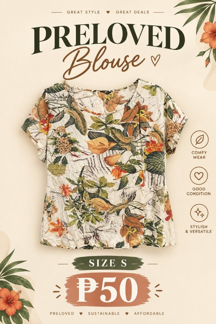 Preloved Botanical Print Blouse Size S (Category: Blouses) located in Pasig City. Submitted by my_angels_closet (Listing ID 1468719226, Image 1). Description: - Size: S - Design: White base with green and orange botanical leaf pattern - Neckline: Comfortable crew neck - Sleeves: Short sleeves - Fabric: Lightweight and breathable - Condition: Great thrift find, ready to wear.
