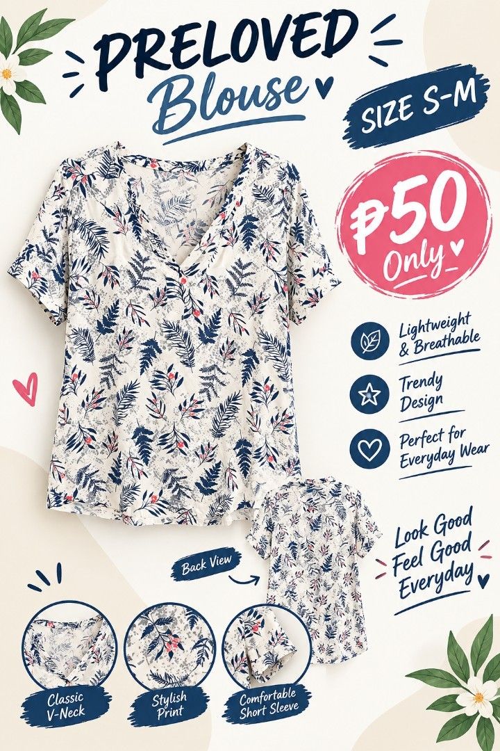 Assorted tops (Category: Blouses) located in Pasig City. Submitted by my_angels_closet (Listing ID 1468720412, Image 1). Description: - Size: S to M (Preloved) - Design: White with navy blue and red leaf patterns - Style: Classic V-neckline with short sleeves - Material: Lightweight and breathable - Condition: Great for casual daily outfits - Note: Back view included in photos.