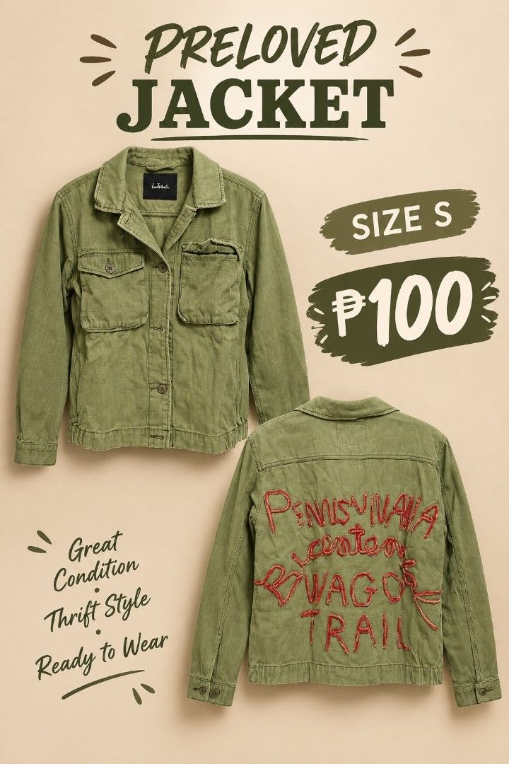Preloved Olive Green Jacket Size S (Category: Coats, Jackets and Outerwear) located in Pasig City. Submitted by my_angels_closet (Listing ID 1468719845, Image 1). Description: - Style: Thrift-style preloved jacket - Color: Olive green with red embroidered back design - Size: S - Features: Front button closure, dual chest pockets - Condition: Ready to wear, perfect for casual everyday outfits.