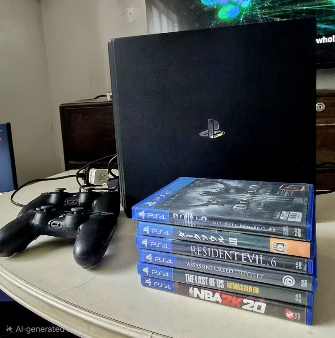 Sony Playstation PS4 Pro 1 TB Bundle (Category: PlayStation) located in Mandaluyong City. Submitted by shopper_on_repeat (Listing ID 1468825348, Image 1). Description: Sony Playstation PS4 Pro, 2 Controller + 6 Games Fully functional and tested, ready to plug and play. 1 TB 2x original DualShock 4 Wireless Controller 6 Original PS4 Games * Diablo III: Reaper of Souls * Dark Souls III * Resident Evil 6 * Assassin’s Creed Odyssey * The Last of Us R