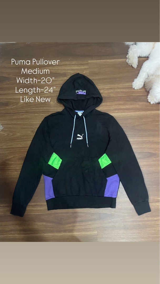 Puma Pullover Hoodie Black Green Purple Medium (Category: Coats, Jackets and Outerwear) located in Bacolod City. Submitted by jmcercado (Listing ID 1468800495, Image 1). Description: - Brand: Puma - Color: Black with neon green and purple color block panels - Logo: White Puma cat logo on chest, purple Puma embroidery on hood rim - Features: Drawstring hood, kangaroo pocket, ribbed cuffs and hem - Size/Measurements: Width 20 inches, Length 24 inch