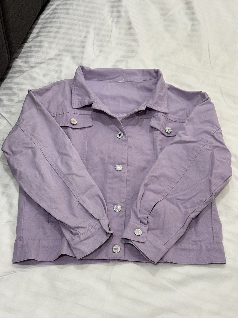 Purple Denim Jacket (Category: Coats, Jackets and Outerwear) located in Balanga. Submitted by cartsabeli (Listing ID 1468796385, Image 1). Description: Fits small-medium. With small brown stain sa right sleeve. ₱390 + sf mop: gcash/maya mod: j&t only.