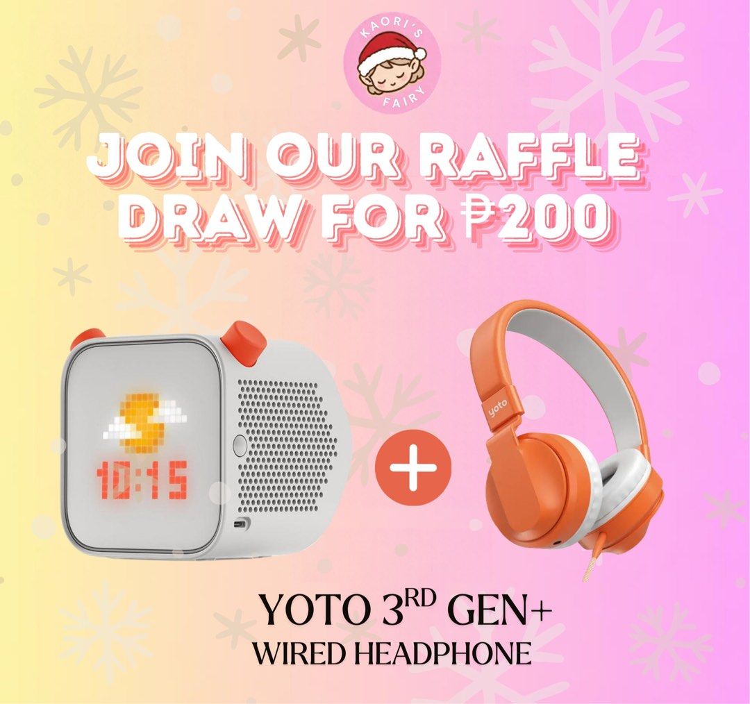 Raffle Draw: Yoto 3rd Gen + Wired Headphone (Category: Announcements) located in Naga. Submitted by kaorisfairy (Listing ID 1468865282, Image 1). Description: Win a 3rd gen Yoto player + a wired headphone for ₱200 only. 40 slots to fill. Please join through our FB page ☺️.