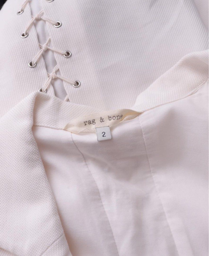 RAG & BONE, designer white tie back blazer (Category: Coats, Jackets and Outerwear) located in Pasig City. Submitted by b.clothes. (Listing ID 1468712883, Image 3). Description: Retail 18k+ php fits M shoulder: 15” bust: 35” length : 25” Disclaimer: photo from Clarita’s Closet.