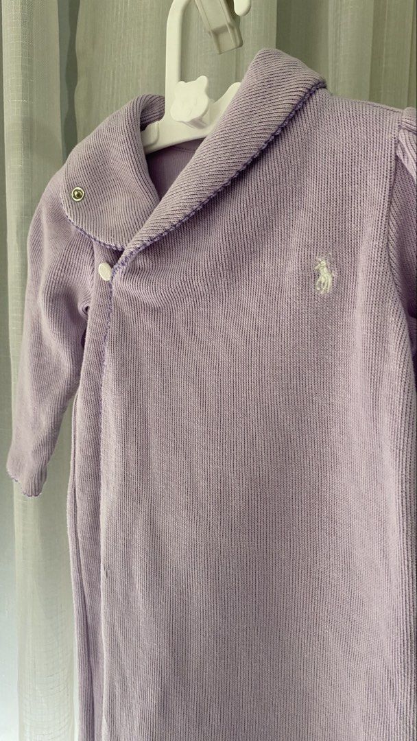 ralph lauren knitted romper (Category: Babies & Kids Fashion) located in Manila. Submitted by louiesalvador (Listing ID 1468716726, Image 2). Description: • brand: ralph lauren • size: 6 months on tag (runs big) • made from ultra-soft ribbed knit cotton to keep baby warm and cozy • wraparound front design with secure snap buttons for easy dressing • detailed with the signature embroidered white pony logo and RL monogram button.