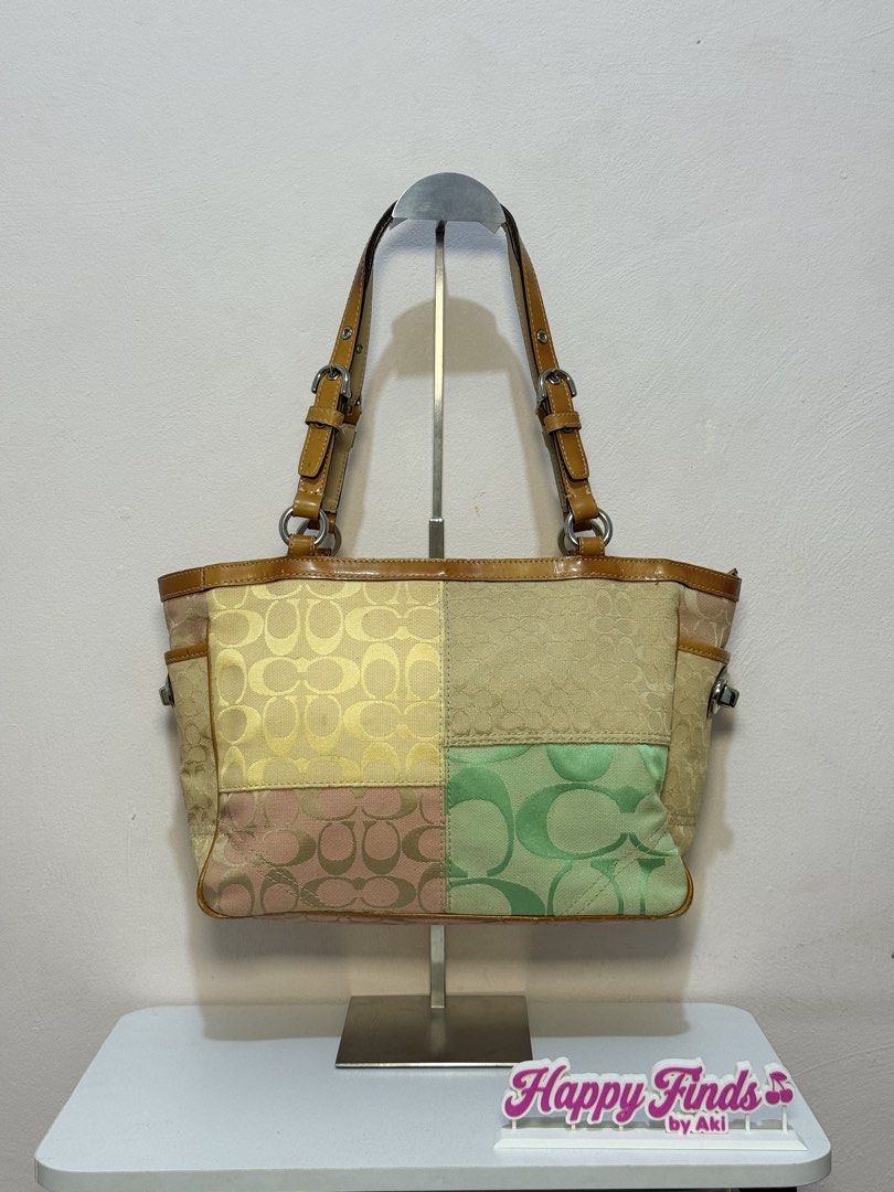 Rare Coach Pastel Patchwork Medium Tote Bag (Category: Luxury Bags & Wallets) located in Manila. Submitted by happyfindsbyaki (Listing ID 1468757505, Image 2). Description: ୨୧ Rare Coach Pastel Patchwork Medium Tote Bag ୨୧ 🎀DM to Mine ₊˚⊹ Condition: Rank AB⊹˚₊ ♡ Minimal signs of use ♡ YKK zipper ♡Clean interior ♡Clean canvas no rubs ♡Uneven handle color but still intact no cracks 📍 Metro Manila, Las piñas city 𐙚 IG: @happyfinds.byaki 𐙚 FB: Ha