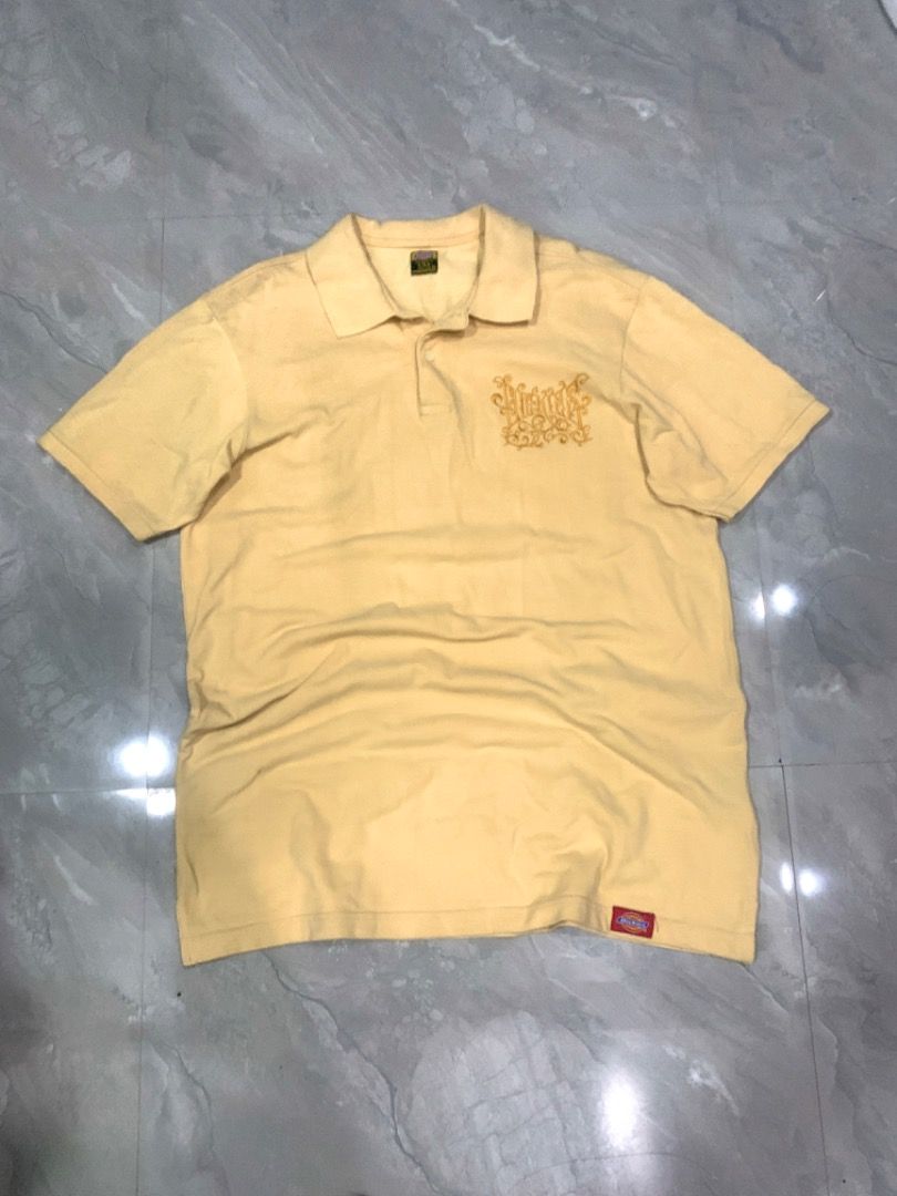 RARE Dickies Polo (Category: Tshirts & Polo Shirts ) located in Tarlac. Submitted by thriftniaki (Listing ID 1468858365, Image 1). Description: - Dickies Polo Shirt - Color: Light Yellow - Size: XL (USA Tag) - Features: Unique gothic-style embroidered chest logo, woven hem label - Condition: Pre-owned, vintage condition (needs wash) - Style: Casual / Streetwear.