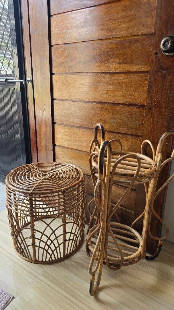 Rattan Plant Stand and Wicker Stool Set (Category: Pots & Planters) located in Antipolo. Submitted by eckaperry (Listing ID 1468738132, Image 2). Description: -TAKE ALL PLANTER AND CENTER TABLE - Matching set of 2 versatile rattan pieces - Round woven stool: perfect as a small side table or plant riser - Tall tiered stand: holds multiple pots across different levels - Natural wood tones throughout - Condition: Light wear from indoor use - Sold to