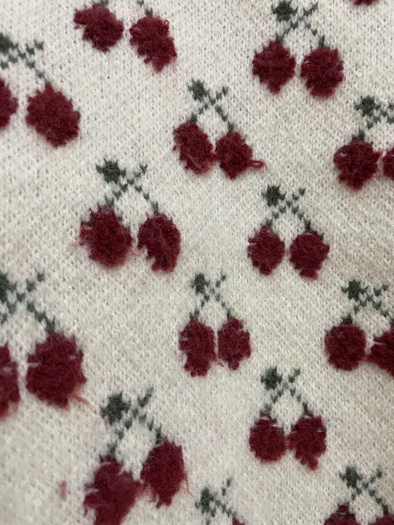 Red Cherry Print Knit Sweater (Category: Longsleeves) located in Caloocan City. Submitted by ginnypygmypuff (Listing ID 1468808477, Image 3). Description: Knitted Used once Christmas top.