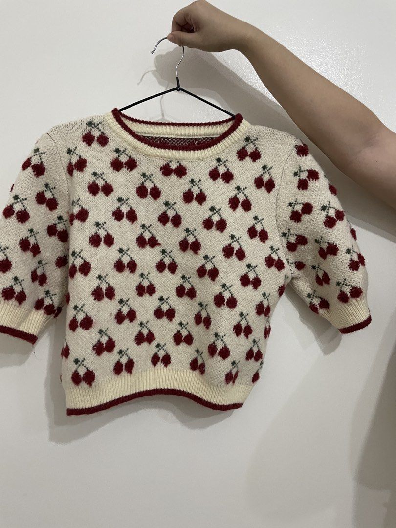 Red Cherry Print Knit Sweater (Category: Longsleeves) located in Caloocan City. Submitted by ginnypygmypuff (Listing ID 1468808477, Image 2). Description: Knitted Used once Christmas top.